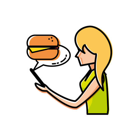 woman using smartphone shopping burger vector illustration designのイラスト素材