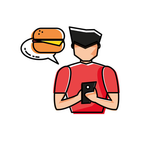 young man using smartphone buying burger vector illustration designのイラスト素材