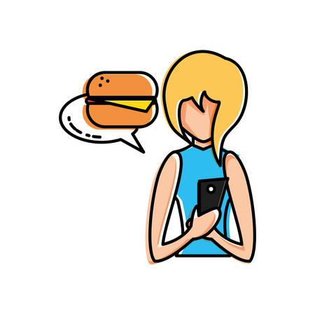 woman using smartphone shopping burger vector illustration designのイラスト素材