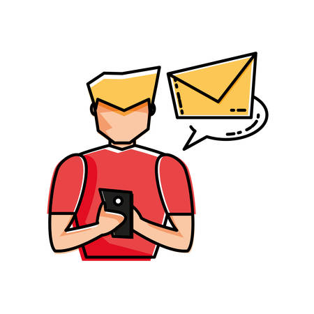 young man using smartphone sending email vector illustration designのイラスト素材