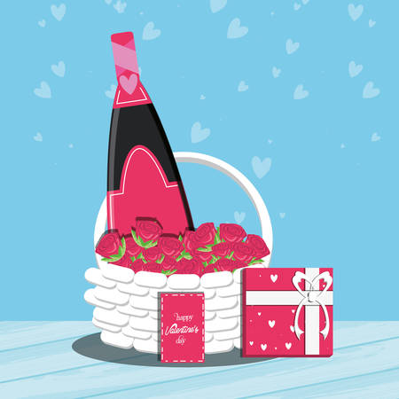 valentines day card with bottle wine and basket vector illustration designのイラスト素材