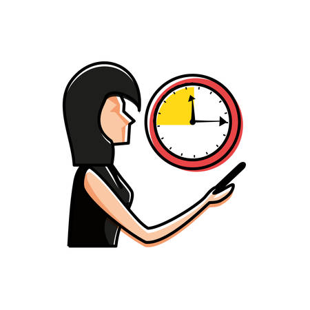 woman using smartphone with time clock vector illustration designのイラスト素材