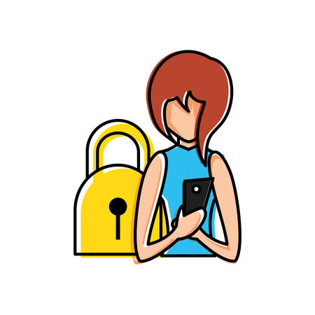 woman using smartphone with padlock vector illustration designのイラスト素材