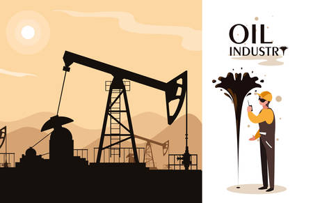 oil industry scene with derrick and worker vector illustrationのイラスト素材