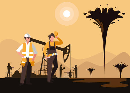 oil industry scene with derrick and workers vector illustration designのイラスト素材