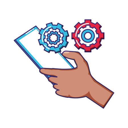 hand using smartphone with gear settings vector illustration designのイラスト素材