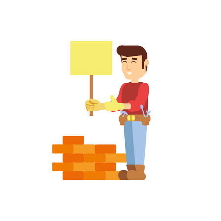 construction worker with banner signal and wall brick vector illustration designのイラスト素材
