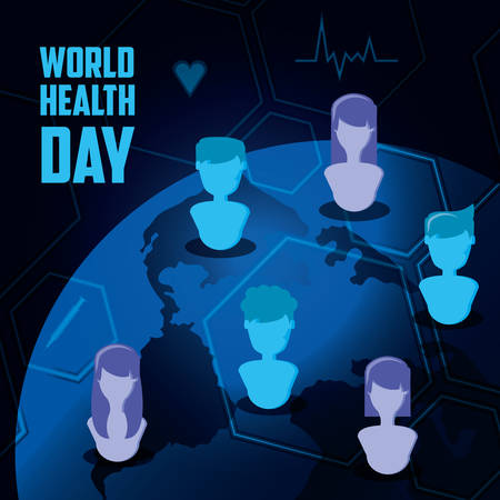 world health day card with planet and people vector illustration designのイラスト素材
