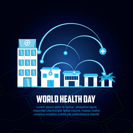 world health day card with hospital structure vector illustration designのイラスト素材