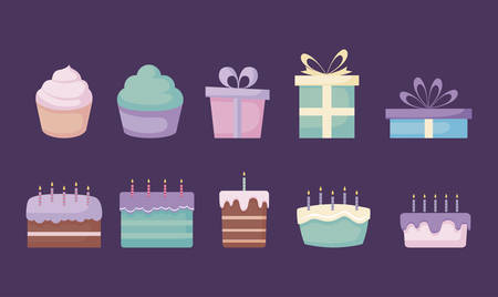 set of sweet cakes and gift boxes vector illustration designのイラスト素材