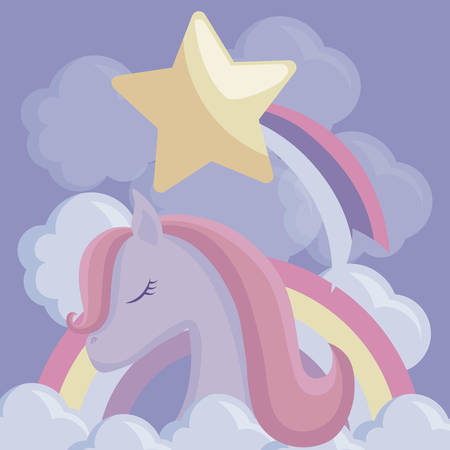 cute unicorn with rainbow and clouds vector illustration designのイラスト素材