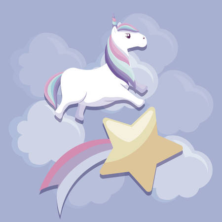 cute unicorn with star and clouds vector illustration designのイラスト素材