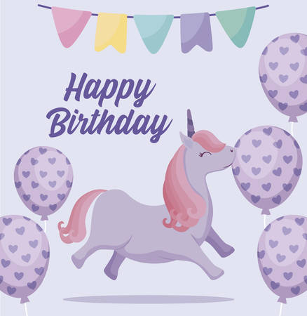 happy birthday card with cute unicorn vector illustration designのイラスト素材