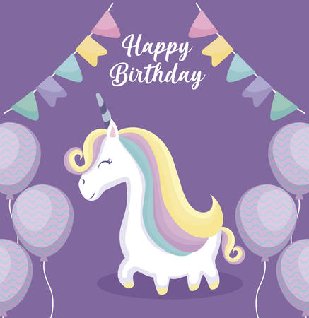 happy birthday card with cute unicorn vector illustration designのイラスト素材