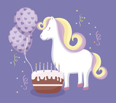 cute unicorn with cake and balloons helium vector illustration designのイラスト素材