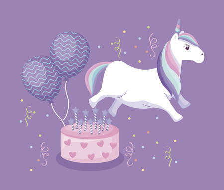 cute unicorn with cake and balloons helium vector illustration designのイラスト素材