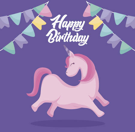 happy birthday card with cute unicorn vector illustration designのイラスト素材