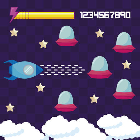classic video game rocket flying and ufos vector illustration designのイラスト素材