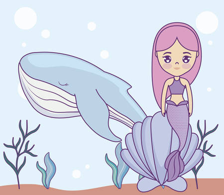 cute mermaid with whale in the sea vector illustration designのイラスト素材