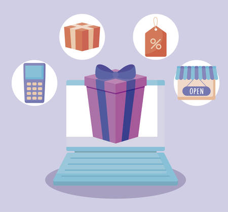 ecommerce online with laptop computer and icons vector illustration designのイラスト素材