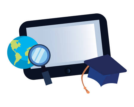 tablet graduation hat world analysis online education school vector illustrationのイラスト素材