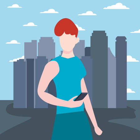 woman using mobile in the city street vector illustrationのイラスト素材