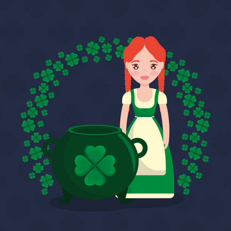 st patricks day card with cauldron with irish woman vector illustration designのイラスト素材