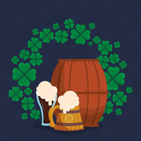 beer wooden jar and barrel with clover vector illustration designのイラスト素材