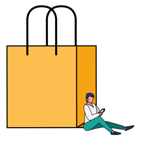 young man using smartphone with shopping bag vector illustration designのイラスト素材