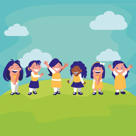 happy interracial girls in the camp characters vector illustration designのイラスト素材