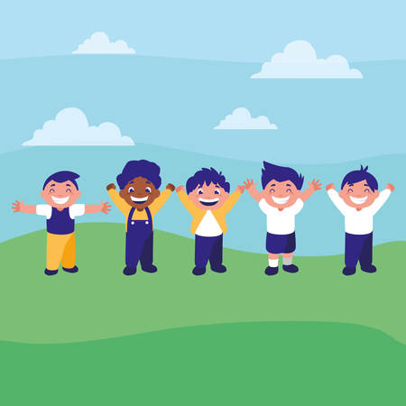 happy interracial boys celebrating vector illustration designのイラスト素材