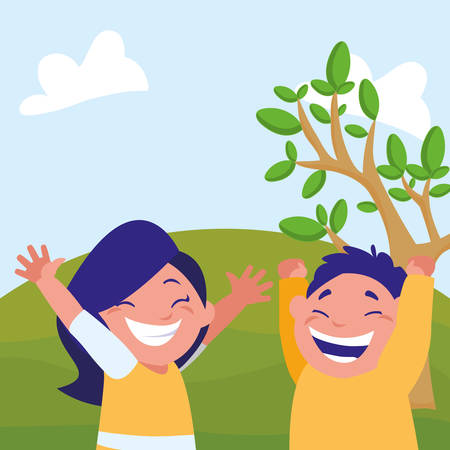 happy fat kids couple celebrating in the camp vector illustration designのイラスト素材