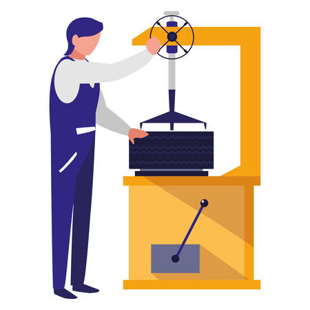 mechanic worker with tire changer machine vector illustration designのイラスト素材