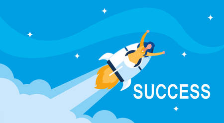 sucessful businesswoman celebrating with rocket vector illustration design