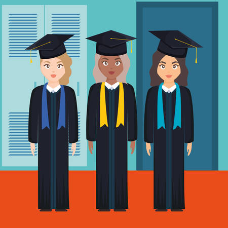 young students graduated girls diversity characters vector illustration designのイラスト素材