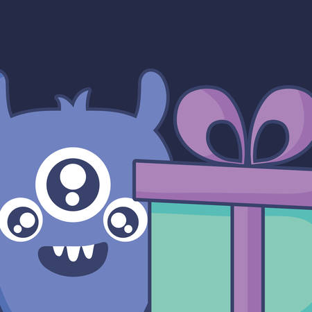 crazy monster with gift comic character vector illustration designのイラスト素材