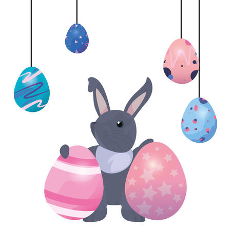 rabbit with decorative eggs happy easter card vector illustrationのイラスト素材