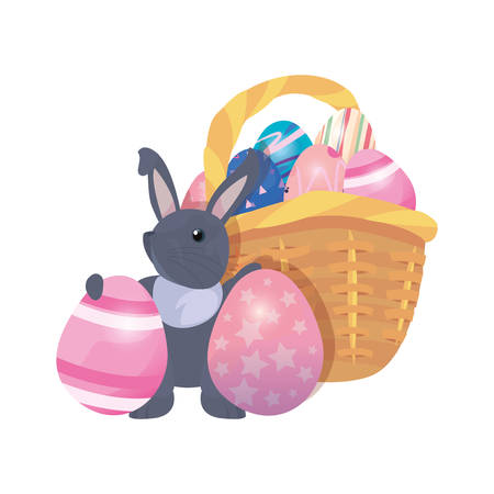 bunny basket filled eggs happy easter vector illustrationのイラスト素材