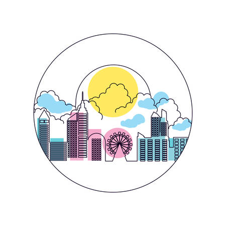 wheel panoramic with cityscape in frame circular vector illustration designのイラスト素材