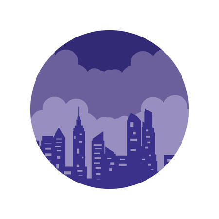 Illustration pour buildings cityscape scene purple sky in frame circular vector illustration design - image libre de droit