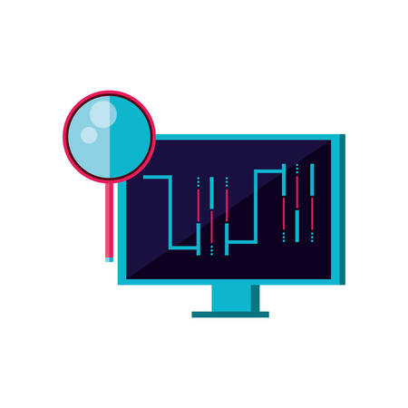 computer monitor with circuit and magnifying glass vector illustration designのイラスト素材