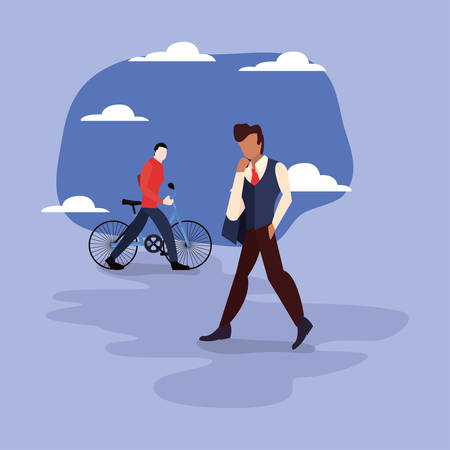 man walk and guy with bike city activities vector illustrationのイラスト素材