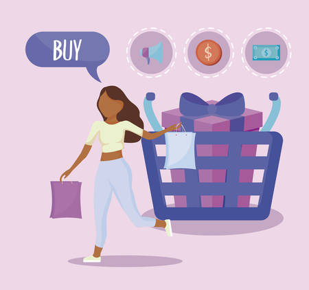 woman with shopping basket and commercial icons vector illustration designのイラスト素材