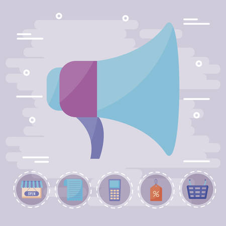 megaphone with commercial icons vector illustration designのイラスト素材