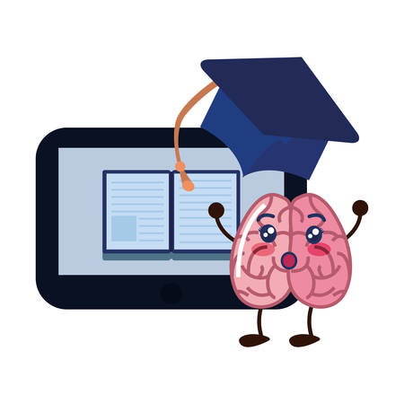 brain cartoon tablet education ebook graduation hat vector illustrationのイラスト素材