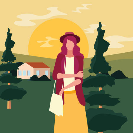 landscape natural with woman portrait vector illustrationのイラスト素材