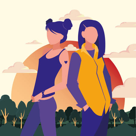 two woman standing in the outdoors vector illustrationのイラスト素材
