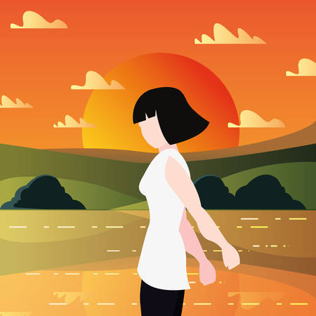 landscape natural with woman portrait vector illustrationのイラスト素材