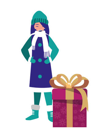 woman with winter clothes and christmas gift vector illustrationのイラスト素材