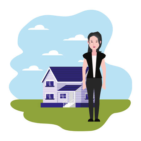 Ilustración de woman standing near house white background vector illustration - Imagen libre de derechos